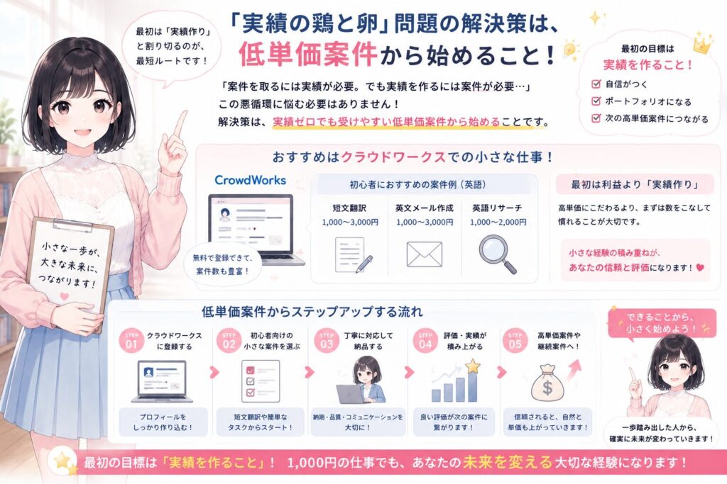 解決策は「実績ゼロでも受けやすい低単価案件から始める」こと。最初は利益より「実績作り」と割り切って、クラウドワークスで短文翻訳(1,000〜3,000円)などの小さな仕事から経験を積むのが現実的な一歩です。