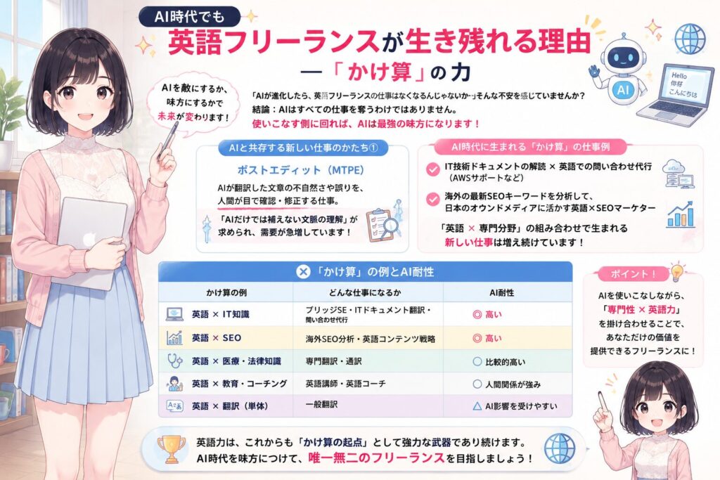 AI時代でも英語フリーランスが生き残れる理由——「かけ算」の力の図解
