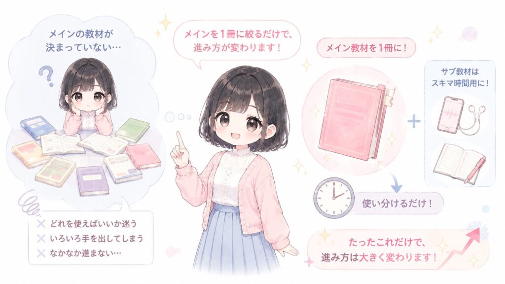 その大きな理由のひとつが「メインの教材を決めていないこと」です。メインを1冊に絞り、それ以外はスキマ時間用のサブとして使い分ける。たったこれだけで、進み方は大きく変わります。