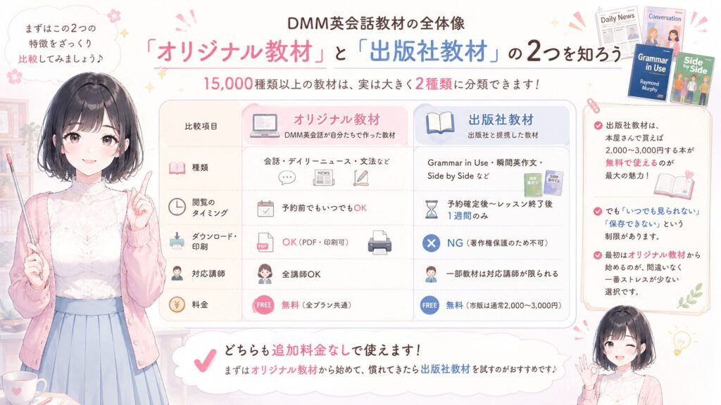 DMM英会話教材の全体像：「オリジナル教材」と「出版社教材」の2つを知ろうの図解