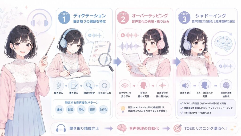 第二言語習得論に基づく満点獲得の3大音声トレーニングの図解