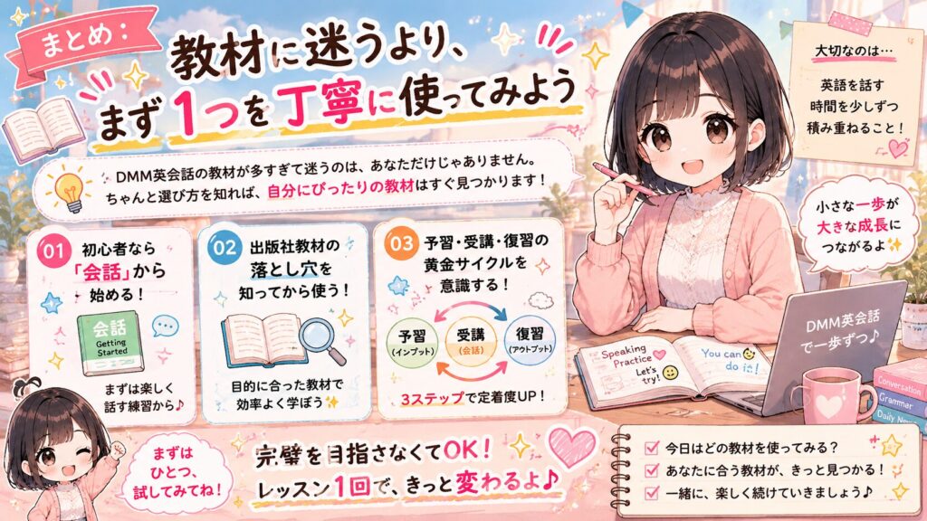 まとめ：教材に迷うより、まず1つを丁寧に使ってみようの図解