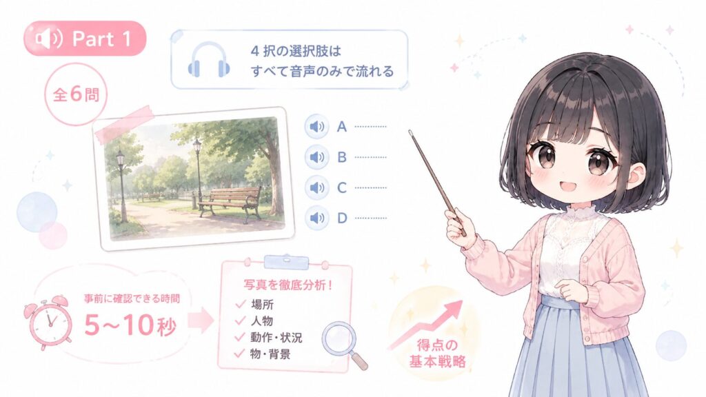 Part 1は全6問で、4択の選択肢がすべて音声のみで流れます。問題用紙の写真は事前に確認できるため、音声が流れる前の5〜10秒で写真を徹底分析することが得点の基本戦略です。