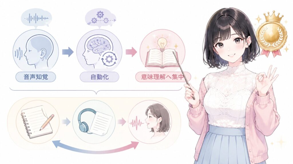 満点への処方箋はシンプルで、「音声知覚を自動化して、ワーキングメモリを意味理解に解放すること」に尽きます。後述するシャドーイングを中心とした3大トレーニングは、すべてこの目標のために設計されています。