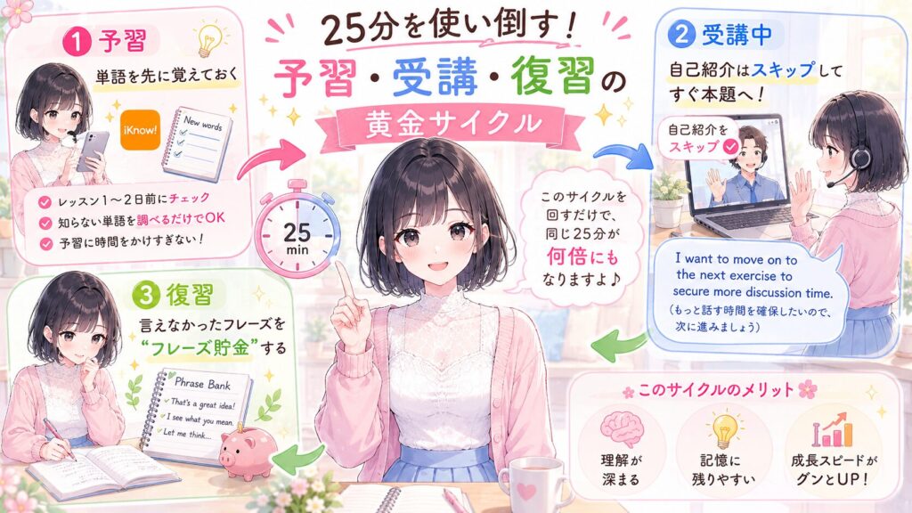 25分を使い倒す！予習・受講・復習の黄金サイクルの図解