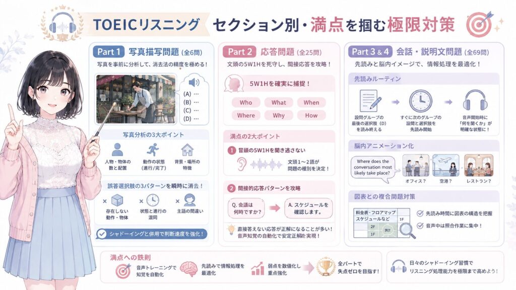 TOEICリスニングセクション別・満点を掴む極限対策の図解