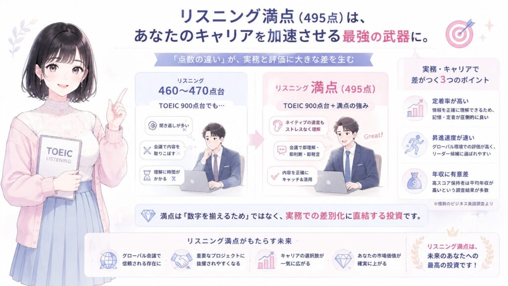 また、リスニング満点はキャリア面以外でも明確な指標となります。TOEICスコアが900点台でもリスニングが460〜470点にとどまる人と、495点満点を持つ人では、実際の英語環境での定着率・昇進速度・年収に有意差が出るという報告が複数のビジネス英語調査で示されています。満点を狙う理由は「数字を揃えたい」という自己満足ではなく、実務上の差別化に直結する投資だと理解してください。