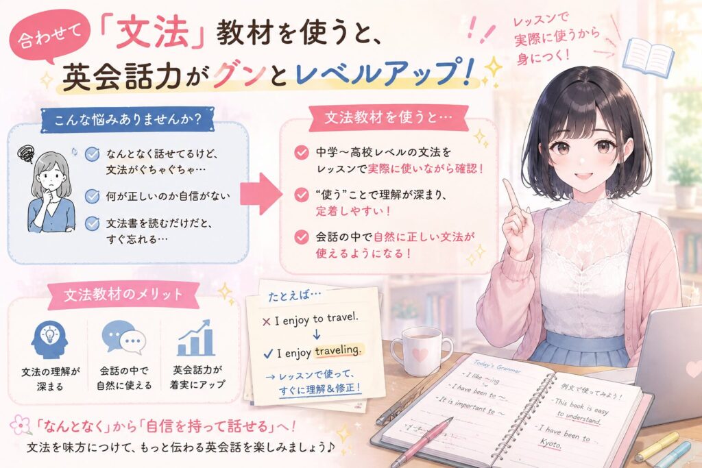 合わせて「文法」教材を使うと、「なんとなく話せてるけど文法がぐちゃぐちゃ」という状態が整理されます。中学〜高校レベルの文法をレッスンの中で実際に使いながら確認できるので、単純な暗記と違って身につきやすいです。