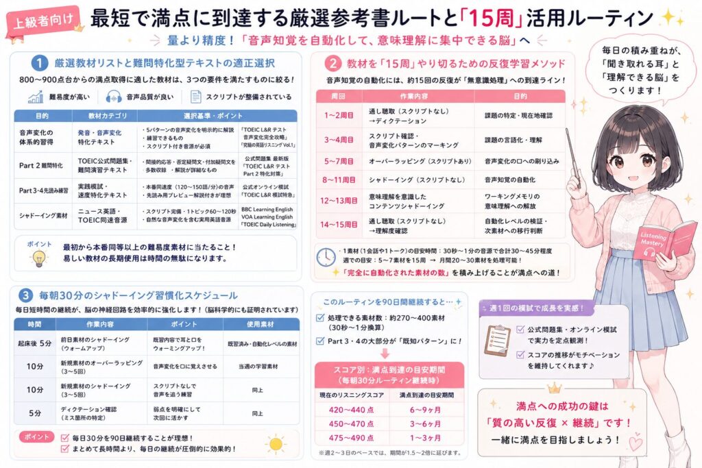 最短で満点に到達する厳選参考書ルートと「15周」活用ルーティンの図解