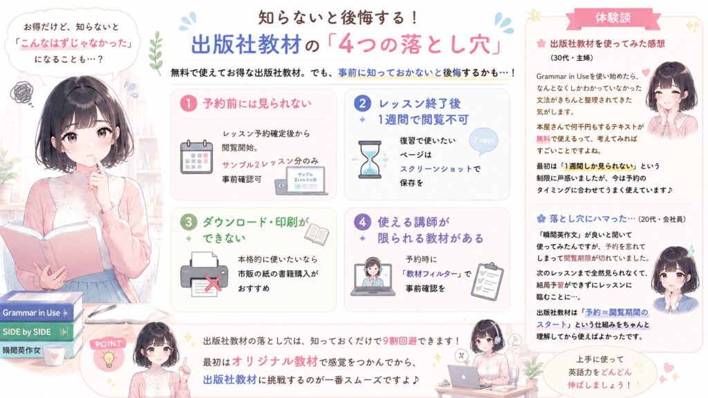 知らないと後悔する！出版社教材の「4つの落とし穴」の図解