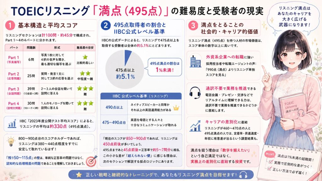 TOEICリスニング「満点(495点)」の難易度と受験者の現実の図解