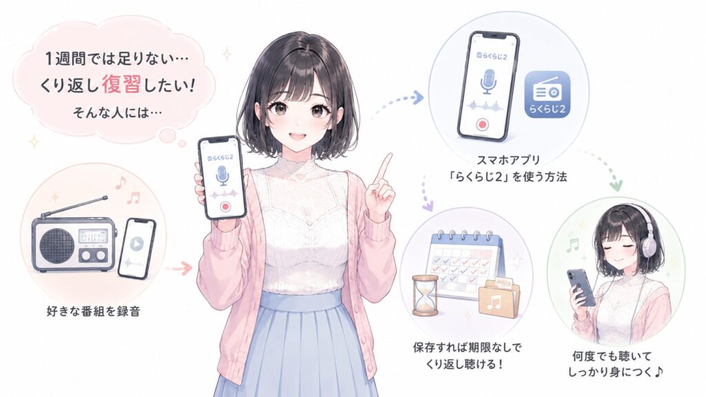 「1週間では足りない、くり返し復習したい」という人には、録音という選択肢があります。スマホアプリ「らくらじ2」を使う方法です。