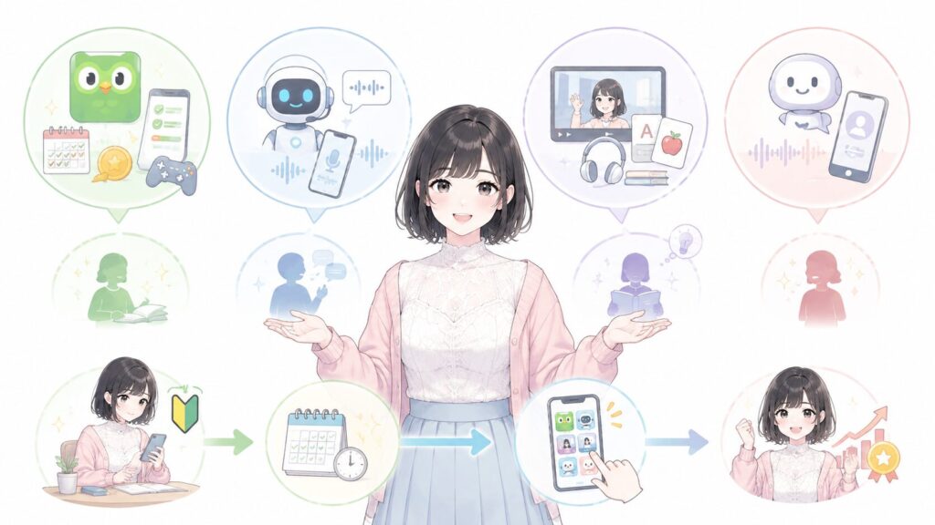 他の英語アプリと比較!Duolingoが向く人の図解