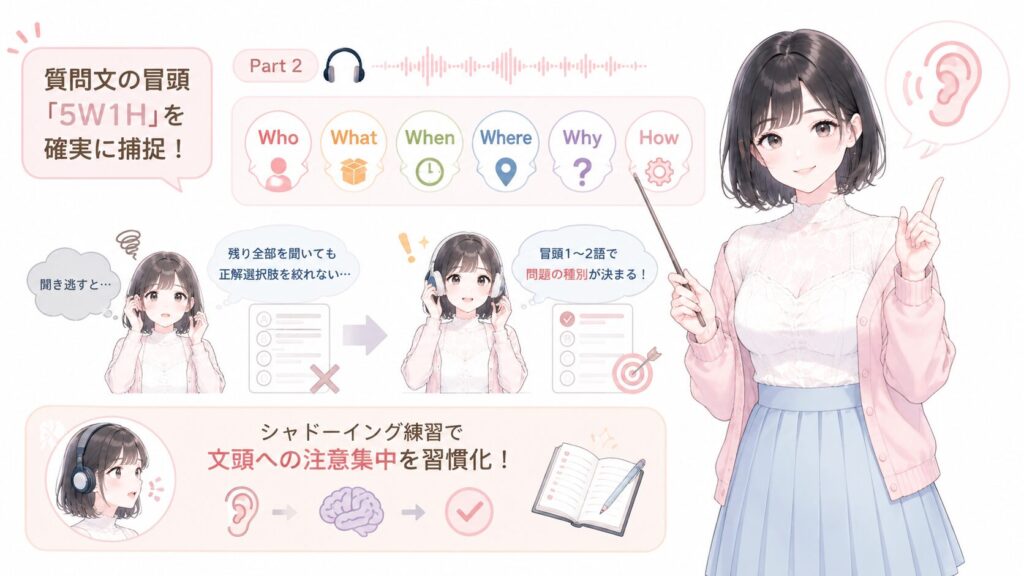 第一に、質問文の冒頭「5W1H(Who/What/When/Where/Why/How)」を確実に捕捉すること。TOEICのPart 2では、質問の冒頭1〜2語が問題の種別を決定します。この冒頭を聞き逃すと残り全部を聞いても正解選択肢を絞れません。シャドーイング練習で文頭への注意集中を習慣化することが必要です。