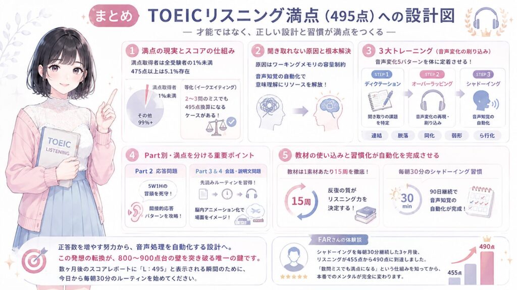 まとめ:TOEICリスニング満点(495点)への設計図の図解