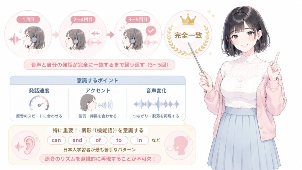 オーバーラッピングの効果的な進め方は、1つの音源に対して3〜5回繰り返し、音声と自分の発話が完全に一致するまで続けることです。発話速度・アクセント・音声変化のすべてを原音に合わせることを意識します。特に弱形(can / and / of など機能語)の発音は、日本人学習者が最も苦手とするパターンであり、意識的に原音のリズムを再現することが不可欠です。