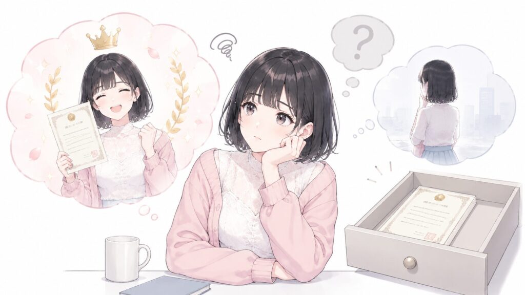 合格した直後はあんなに嬉しかったのに、数ヶ月後には「これ、何の役に立つんだろう」と感じてしまう。これは本当に多くの人が経験することです。せっかく頑張ったのに、活かし方が見つからないまま、合格証だけが引き出しに眠ってしまうこともあります。
