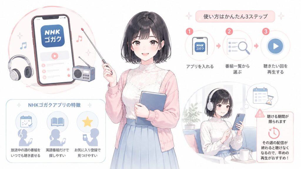 NHKゴガクアプリで聴く(語学学習に便利)の図解