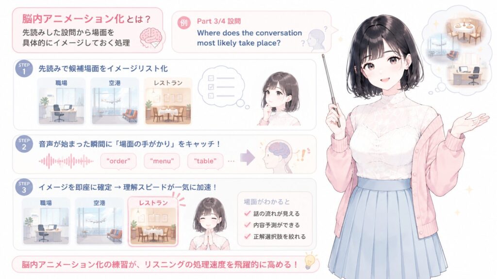 「脳内アニメーション化」とは、先読みした設問から場面を具体的にイメージしておく処理です。例えば設問に「where does the conversation most likely take place?」とあれば、職場・空港・レストランなどの候補をあらかじめイメージリストとして保持しておきます。音声が始まった瞬間に場面手がかり("order" "menu" "table"など)を即座にキャッチしてイメージを確定させる処理は、脳内アニメーション化の練習なしには高速化しません。