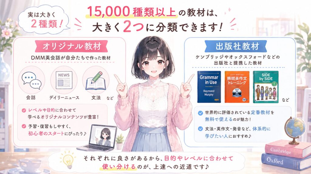15,000種類以上の教材は、実は大きく2種類に分類できます。DMM英会話が自分たちで作ったオリジナル教材と、ケンブリッジやオックスフォードなどの出版社と提携した出版社教材です。