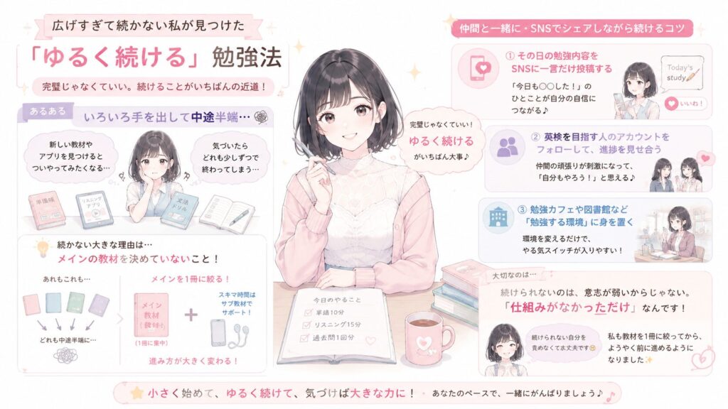 広げすぎて続かない私が見つけた「ゆるく続ける」勉強法の図解