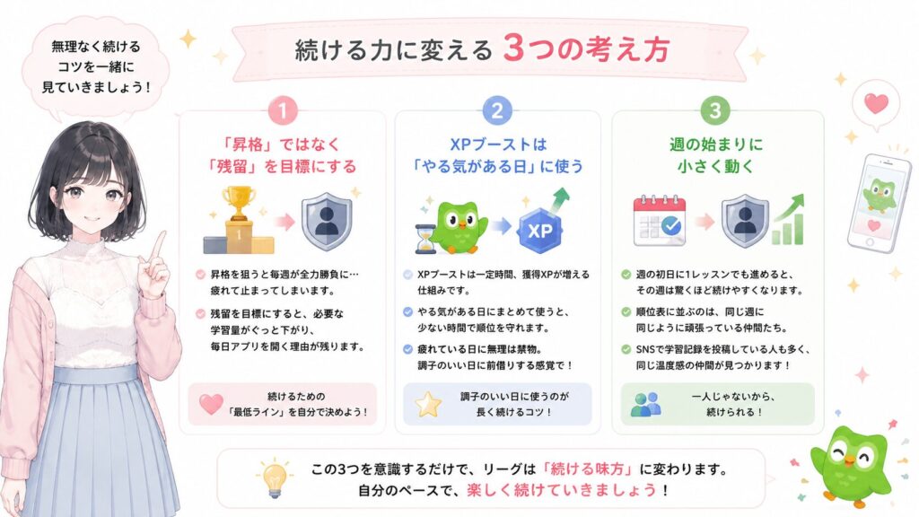 では、どう付き合えば続ける力に変わるのか。私が続けやすいと感じた考え方を3つに絞ってお伝えします。