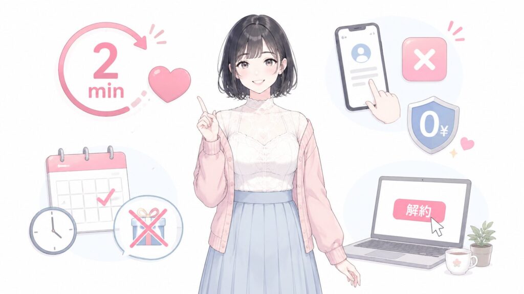 大丈夫。ネイティブキャンプはいつでも最短2分程度で解約できますの図解