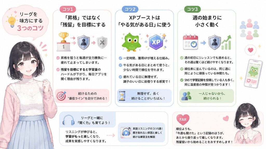 リーグを味方にする3つのコツの図解