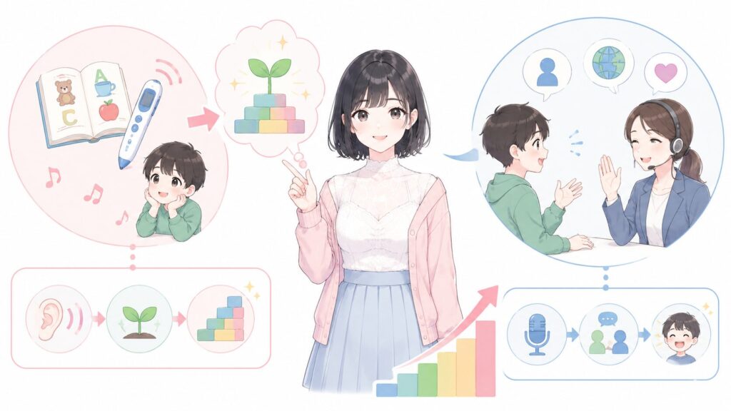 この教材の役割は、英語の音に慣れて土台を作ることです。会話力を伸ばす段階では、話す相手がいる形式を足すのが現実的だと思います。