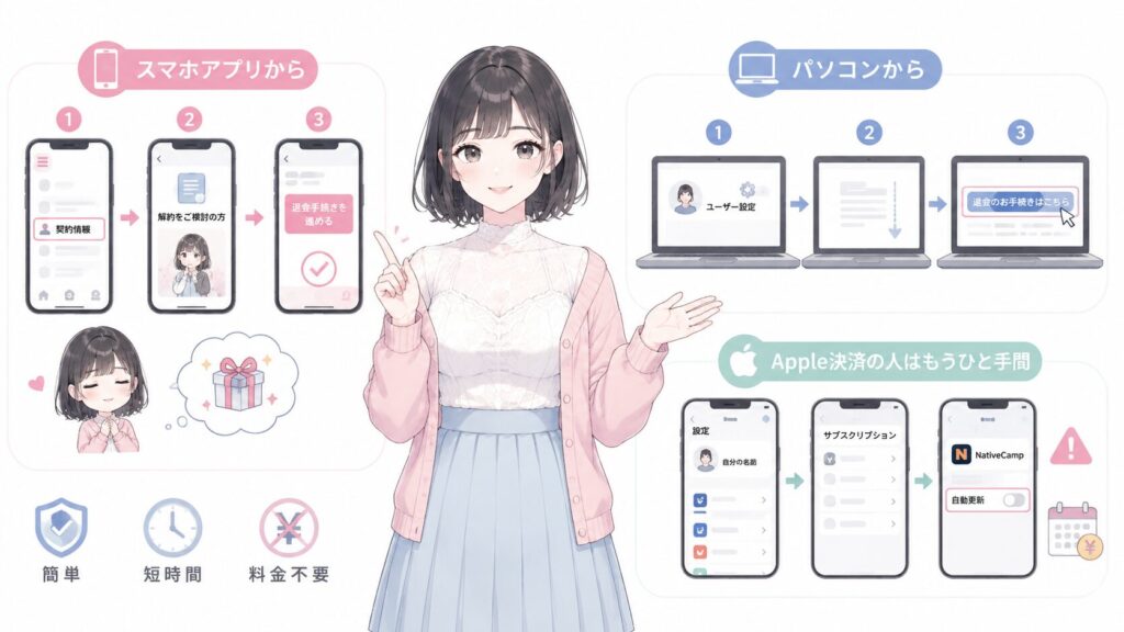 スマホでもPCでも!解約(退会)の手順の図解
