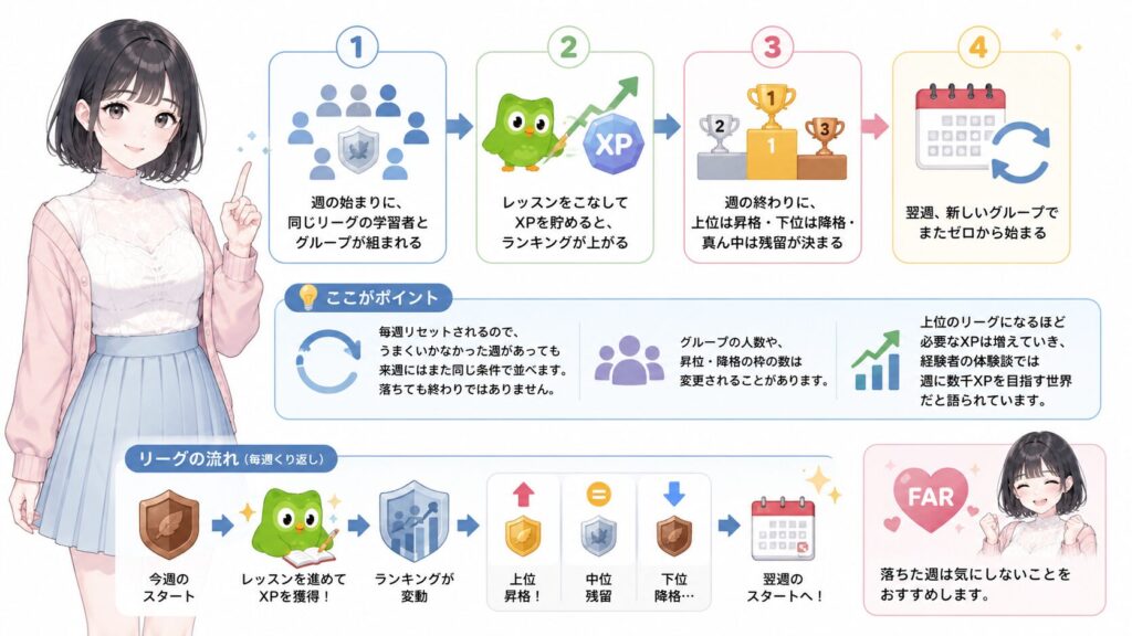 昇格・降格は「毎週のXP勝負」｜順位が決まる流れの図解