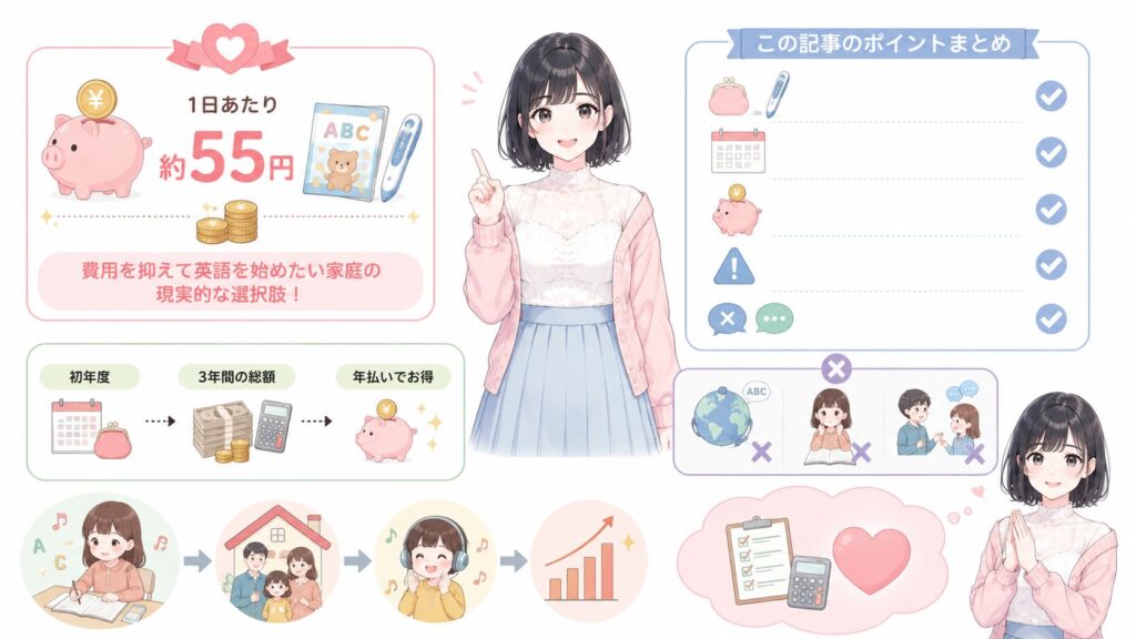 まとめ:ポピー英語は「1日55円で英語に触れる」教材の図解