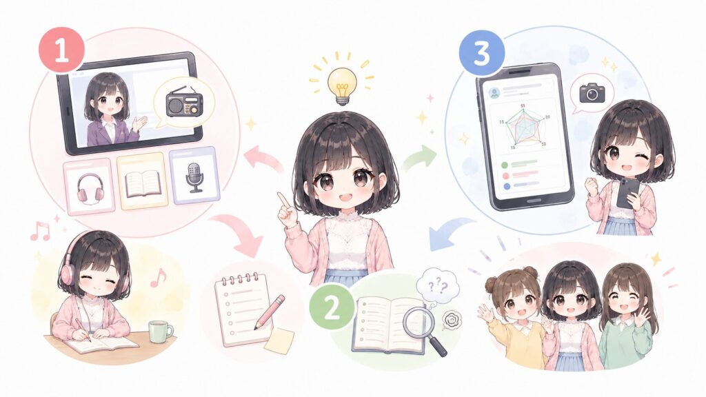 結果を「続く学習」に変える3つの活かし方の図解