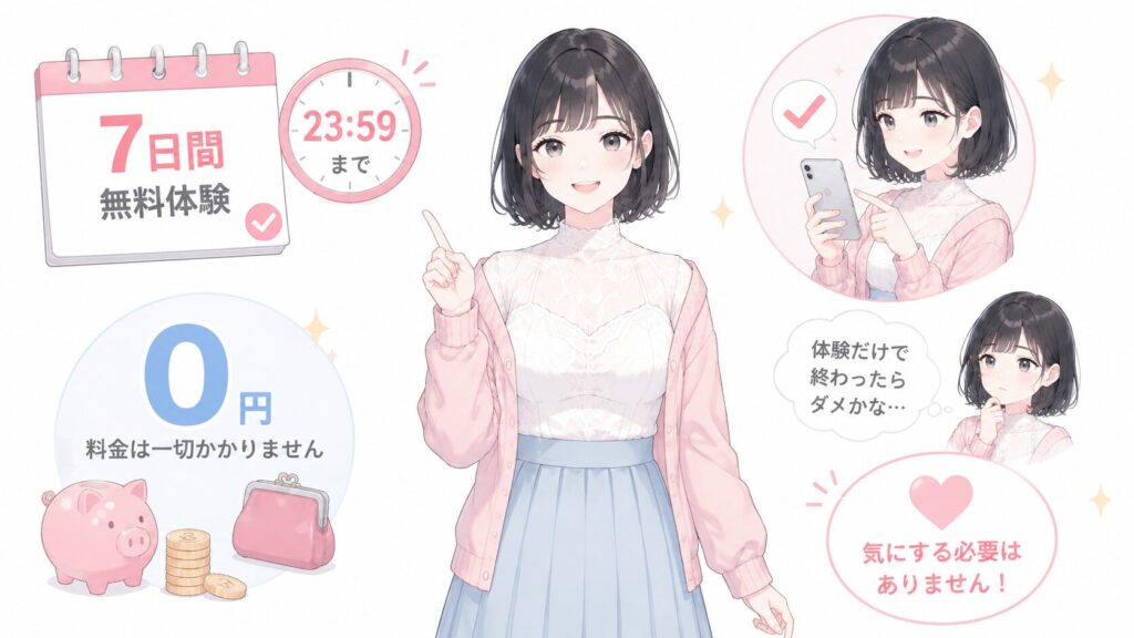 7日間の無料体験中の人も、7日目の23:59までに手続きすれば料金は一切かかりません(2026年7月時点)。「体験だけで終わったらダメかな」と気にする必要はないのです。