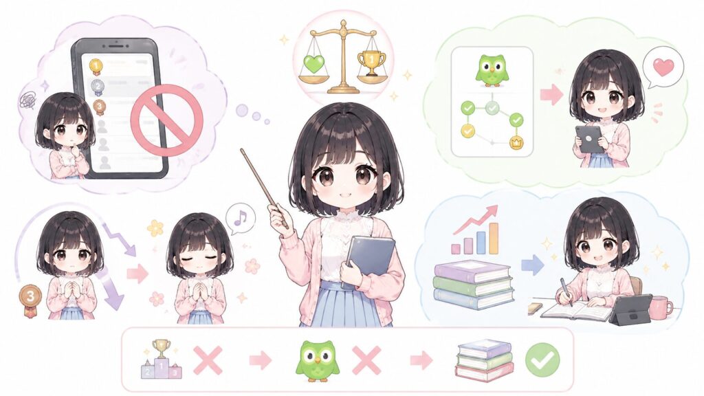 あります。ランキング画面をあえて見ない、という使い方です。降格しても学習内容やこれまでの進み具合が消えるわけではないので、気にしない選択も十分ありです。