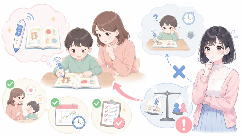 音声ペンがあっても、声かけや進み具合の確認は必要になります。完全に放っておいて進む教材ではありません。