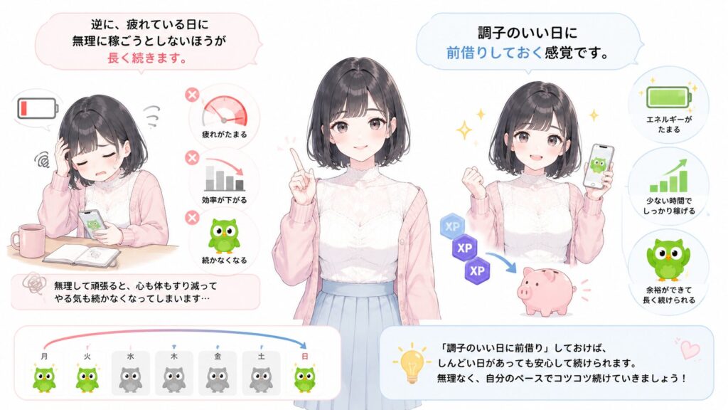 逆に、疲れている日に無理に稼ごうとしないほうが長く続きます。調子のいい日に前借りしておく感覚です。