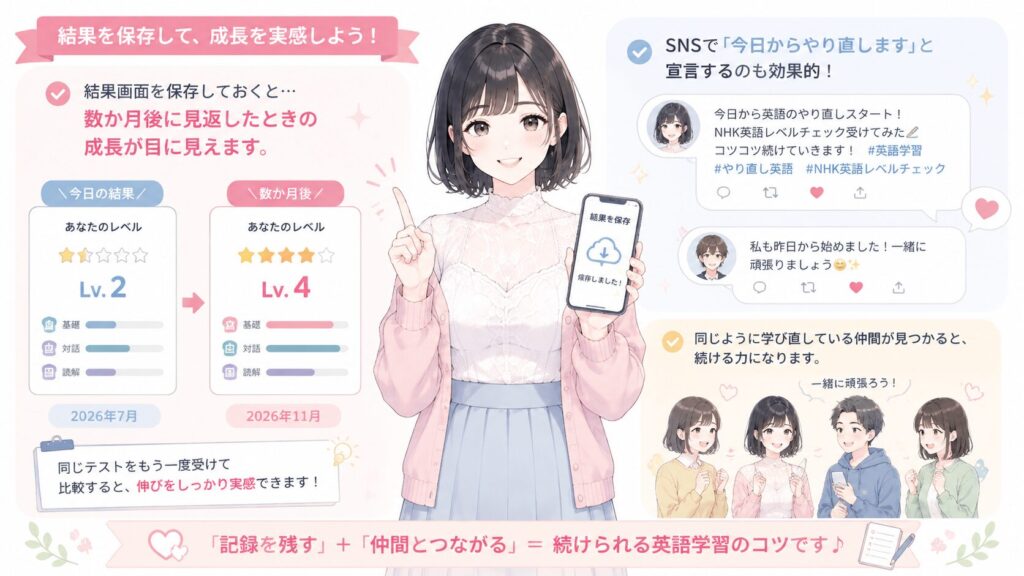 結果画面を保存しておくと、数か月後に見返したときの成長が目に見えます。SNSで「今日からやり直します」と宣言するのも効果的です。同じように学び直している仲間が見つかると、続ける力になります。