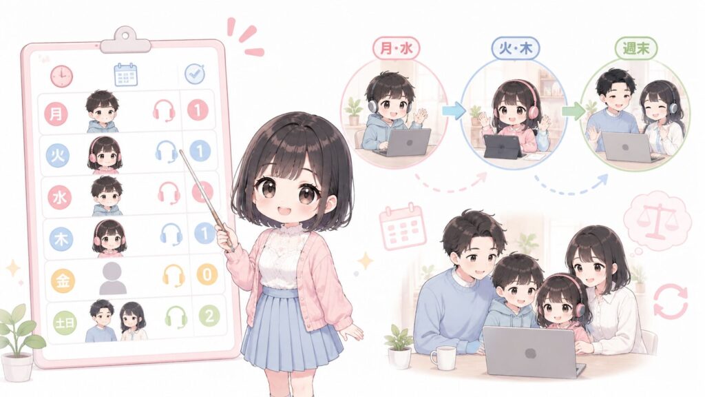 分けられます。1日のレッスン枠を家族で自由に配分できるので、「月・水は兄、火・木は妹、週末は親」といった使い方が可能です。誰がどれだけ使うかは、その週の忙しさに合わせて調整できます。