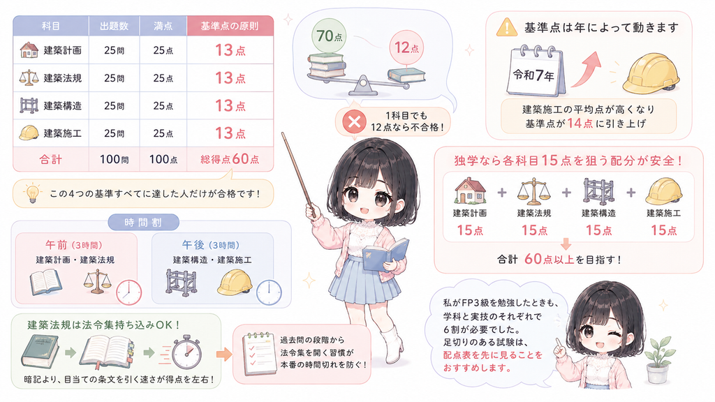学科試験は各科目13点の足切りから逆算するの図解