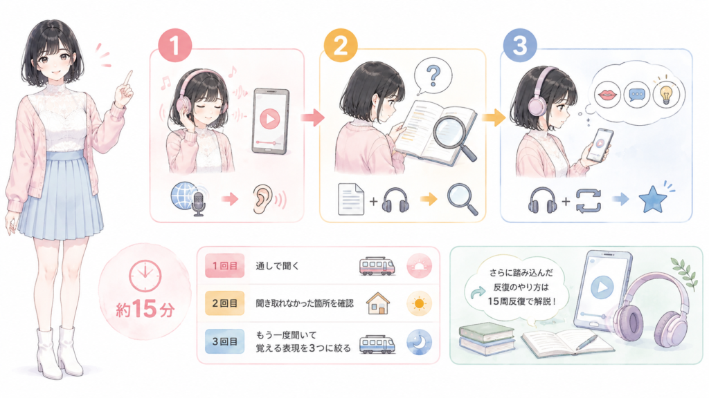1日15分で続ける聞き方3ステップの図解