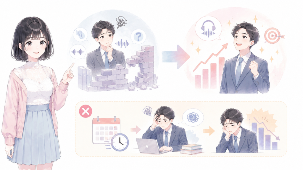 シャドテンは、聞き取りの壁を数字で越えたいビジネスパーソンに向いたサービスです。ただし短期で結果を求める人には向きません。