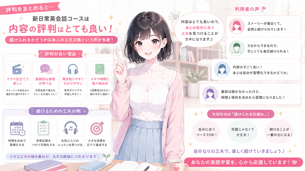 新日常英会話コースは内容の評判自体はよく、続けられるかどうかは本人の工夫次第という声が多く見られます。