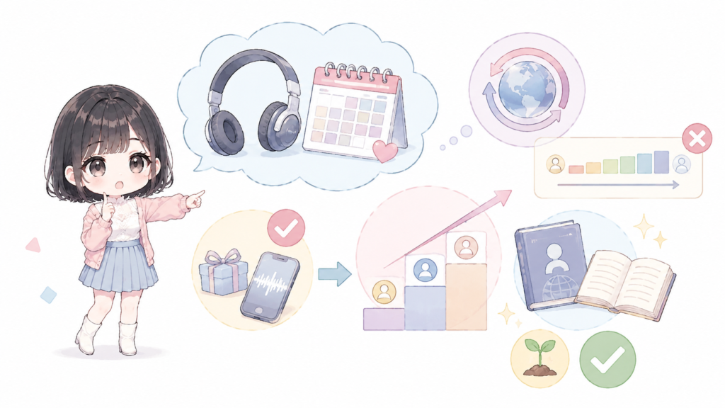 代表がAll Ears Englishです。毎日更新で人気があり、無料でも聞けます。ただし公式サイトの案内では、対象がintermediate to advancedと示されています。CEFRではB1からC1にあたります。完全な初心者向けではありません。