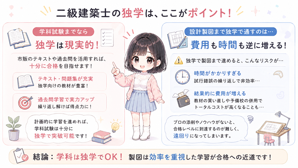 二級建築士の独学は、学科の試験までなら現実的な選択肢です。ただし設計製図まで独学で通そうとすると、費用も時間も逆に増えます。