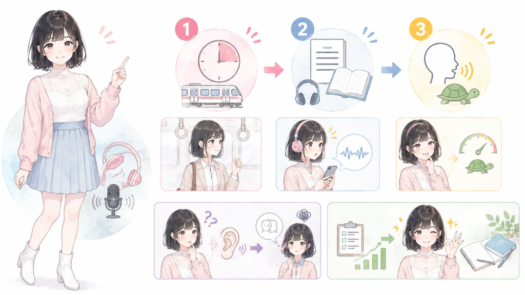 英語ポッドキャストは初心者に効果ある?条件は3つですの図解