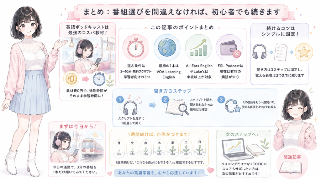 まとめ:番組選びを間違えなければ、初心者でも続きますの図解