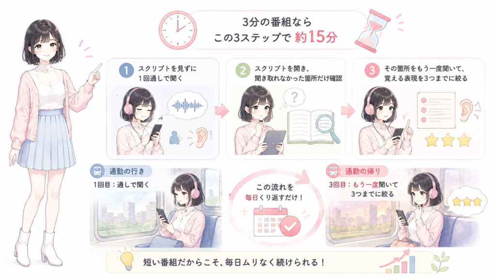 3分の番組なら、この3ステップで15分ほどです。通勤の行きに1回目、帰りに3回目、という分け方でも続きます。