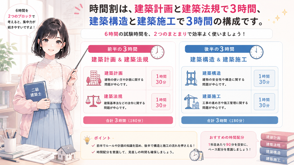 時間割は、建築計画と建築法規で3時間、建築構造と建築施工で3時間の構成です。