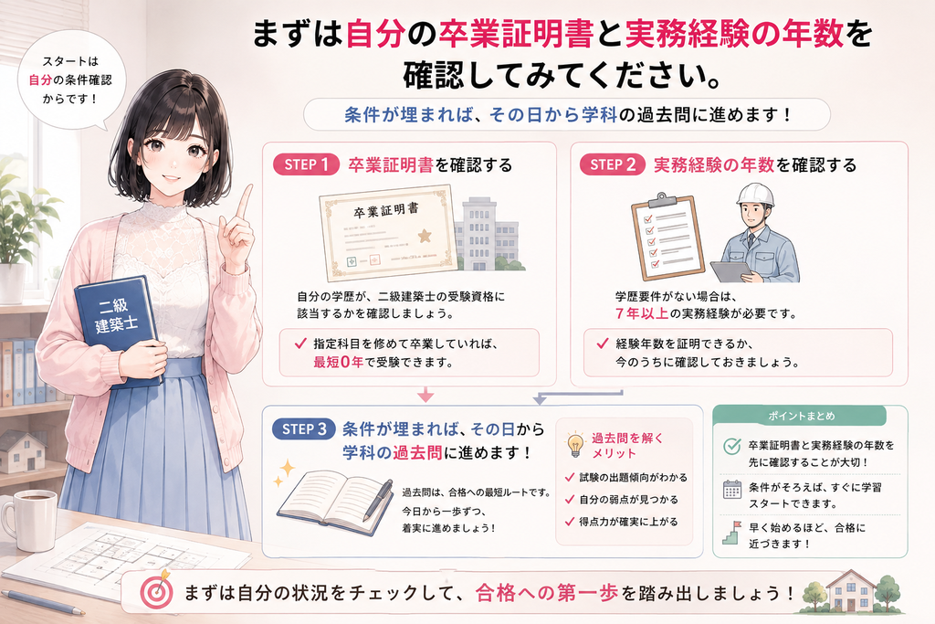 まずは自分の卒業証明書と実務経験の年数を確認してみてください。条件が埋まれば、その日から学科の過去問に進めます。